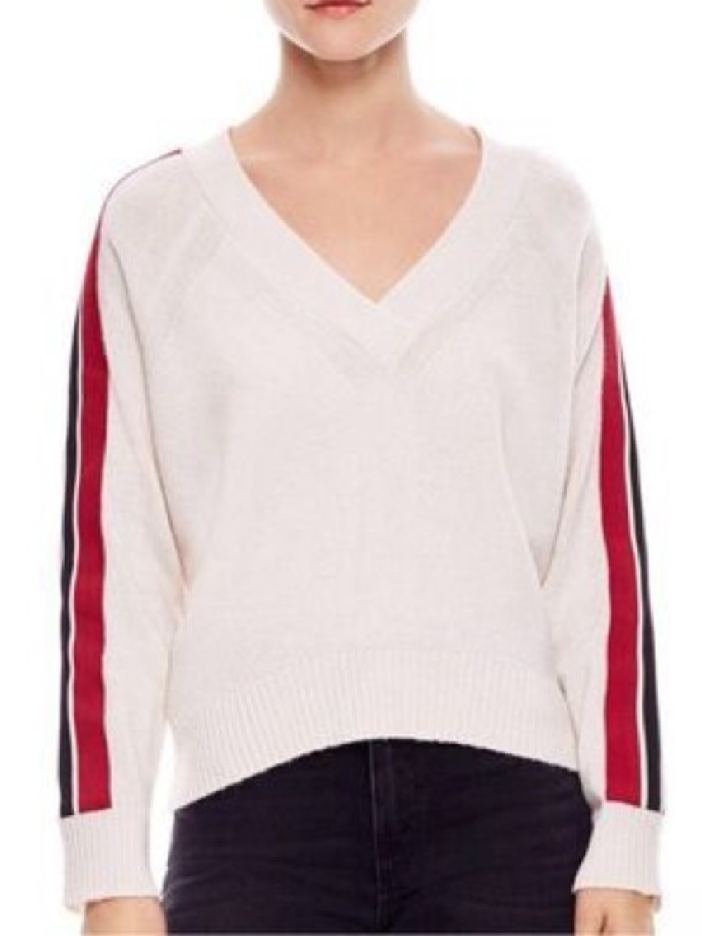 Sandro Cream V-Neck Sweater with Red and Black Sleeve Stripes